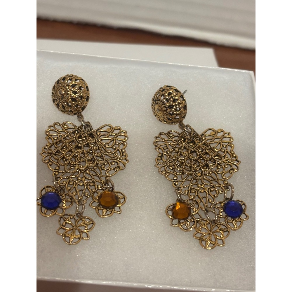 Gold Tone Filigree Chandelier Earrings Blue Amber Glass Stone Statement Drops